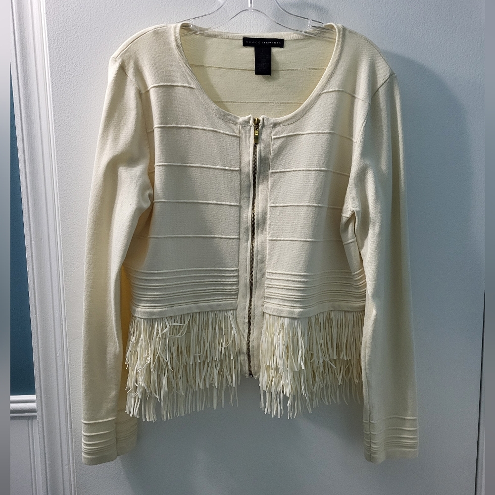 Grace Elements Large Cream Sweater with Fringe Detail